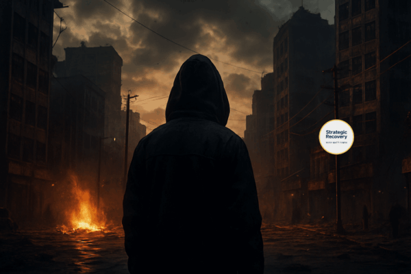 A dramatic dystopian cityscape at dusk with a hooded figure facing collapsing buildings and rising fire, symbolizing global crisis and the density shift discussed in Episode 24 of Strategic Recovery with Matt Finch.