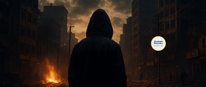 A dramatic dystopian cityscape at dusk with a hooded figure facing collapsing buildings and rising fire, symbolizing global crisis and the density shift discussed in Episode 24 of Strategic Recovery with Matt Finch.