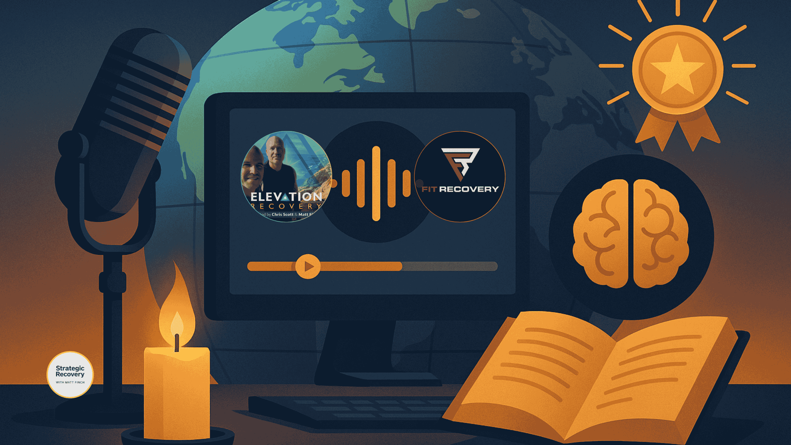 Illustration of a podcast microphone, computer with audio waveform, globe, brain icon, open book, candle, and award ribbon symbolizing Elevation Recovery and Fit Recovery’s global coaching and transformation work.