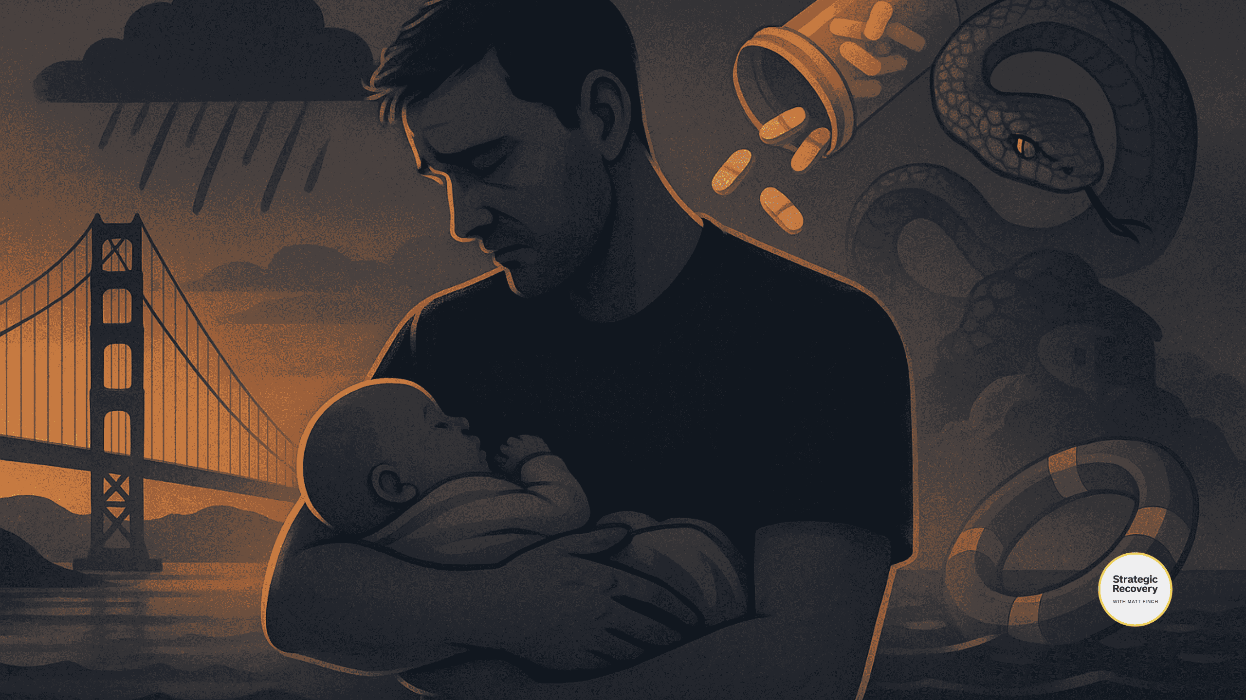 Illustration of fatherhood and opioid dependency: a man holding his baby with California fog, pills, a snake symbolizing addiction, and a life ring floating in stormy water.