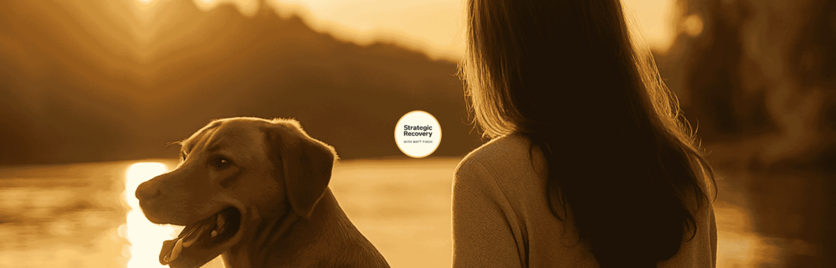 Woman sitting on a dock at sunset gently petting her golden retriever, symbolizing peace, connection, and healing in addiction recovery.