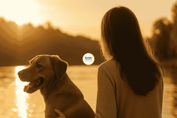 Woman sitting on a dock at sunset gently petting her golden retriever, symbolizing peace, connection, and healing in addiction recovery.
