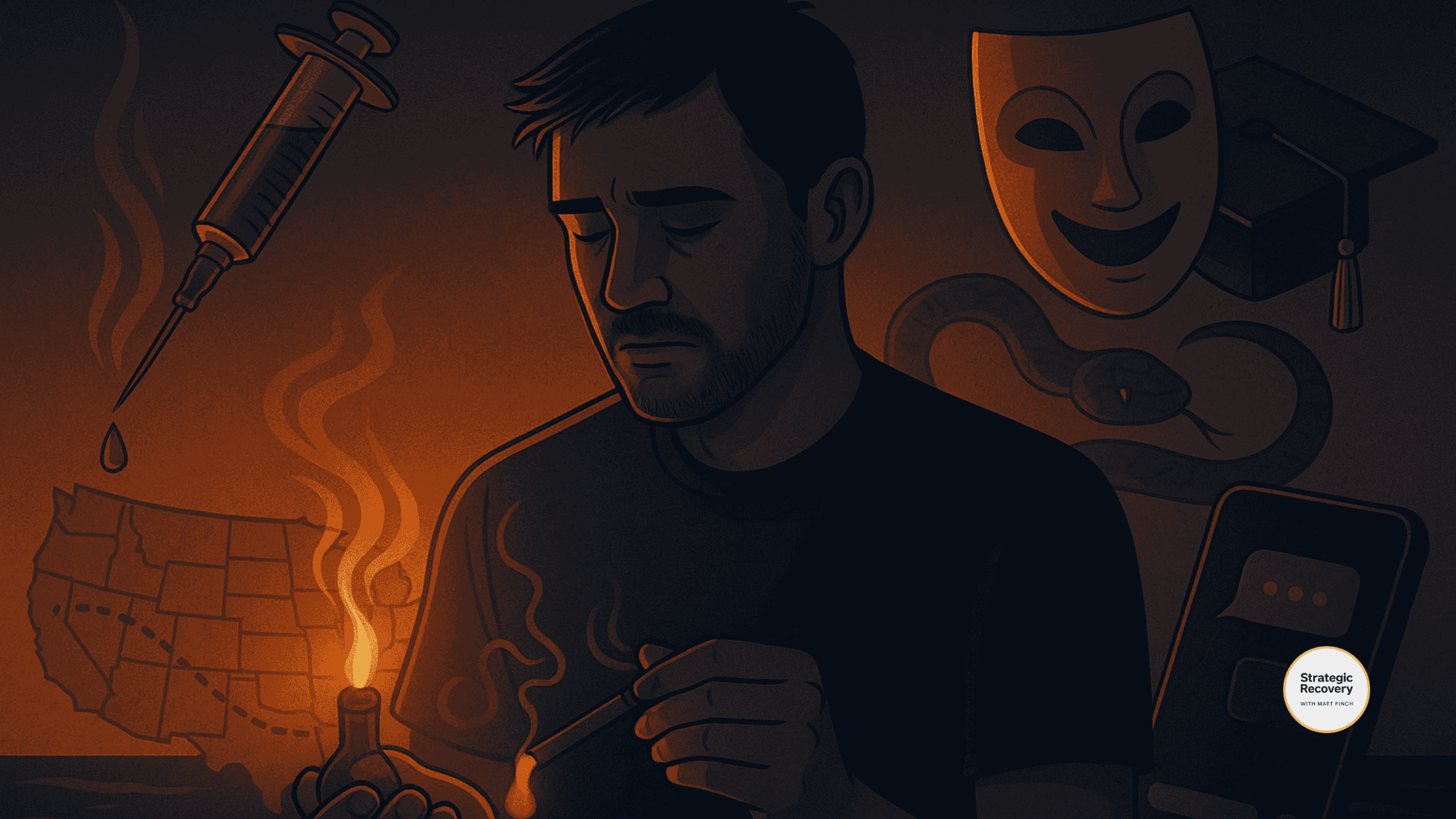 Illustration symbolizing the slide to heroin: a man using heroin with a map, syringe, theatrical mask, graduation cap, and phone messages hinting at a secret double life.