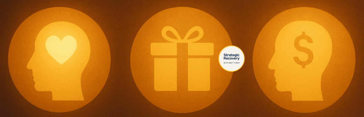 A warm, elegant 1280x720 illustration showing three glowing circular icons representing intrinsic incentives (heart in head), extrinsic incentives (gift box), and total incentivization (head with dollar symbol) on a rich, textured background symbolizing reward-based addiction recovery.