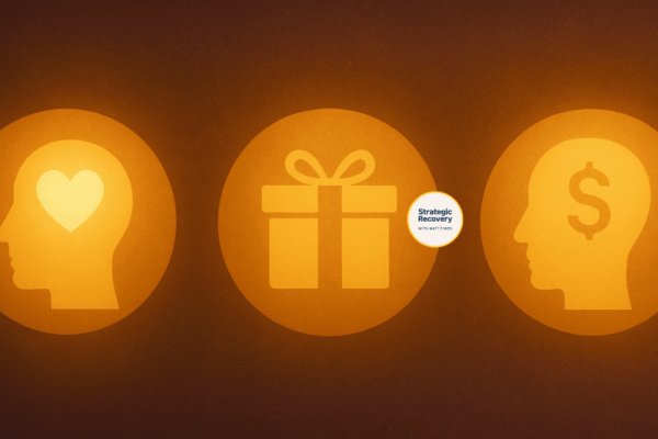 A warm, elegant 1280x720 illustration showing three glowing circular icons representing intrinsic incentives (heart in head), extrinsic incentives (gift box), and total incentivization (head with dollar symbol) on a rich, textured background symbolizing reward-based addiction recovery.