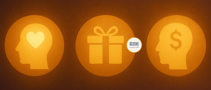 A warm, elegant 1280x720 illustration showing three glowing circular icons representing intrinsic incentives (heart in head), extrinsic incentives (gift box), and total incentivization (head with dollar symbol) on a rich, textured background symbolizing reward-based addiction recovery.