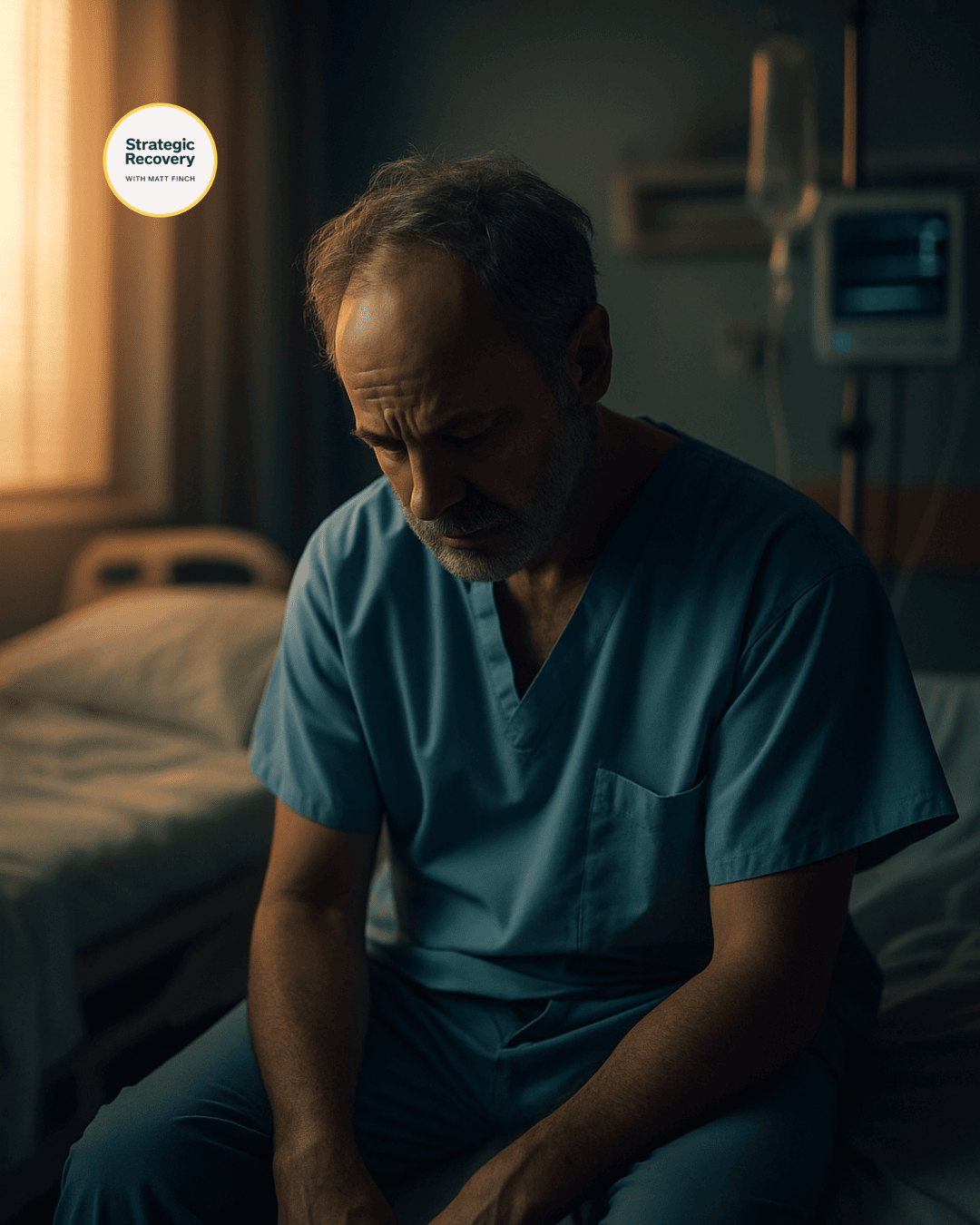 A tired man in hospital scrubs sitting on a bed with warm window light and cool monitors, symbolizing exhaustion, anxiety, and early healing during medical detox from oxycodone.