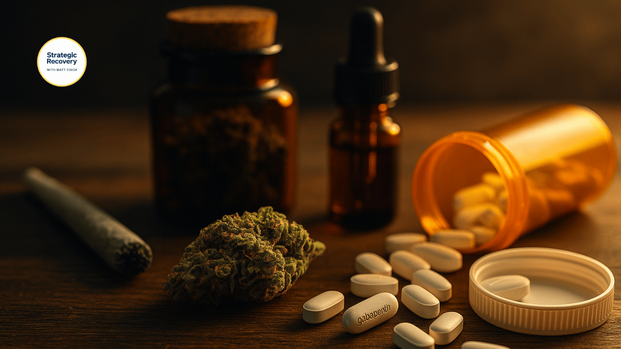 Cinematic natural pain relief scene with CBD, cannabis, and gabapentin supporting recovery.