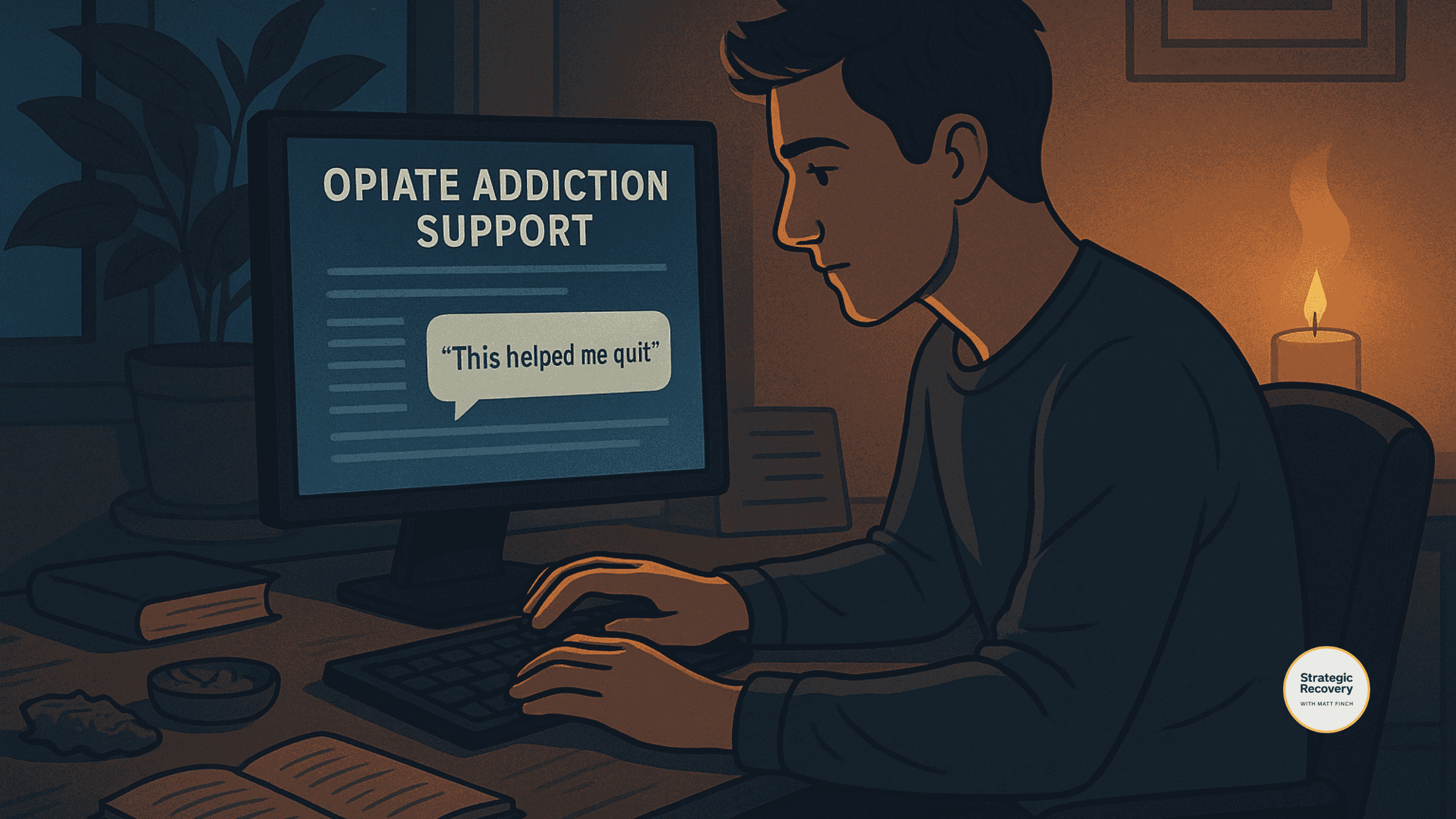 Illustration of a man blogging late at night by candlelight with glowing comments rising like lanterns, symbolizing the early days of building a recovery blog that grew into a global resource.