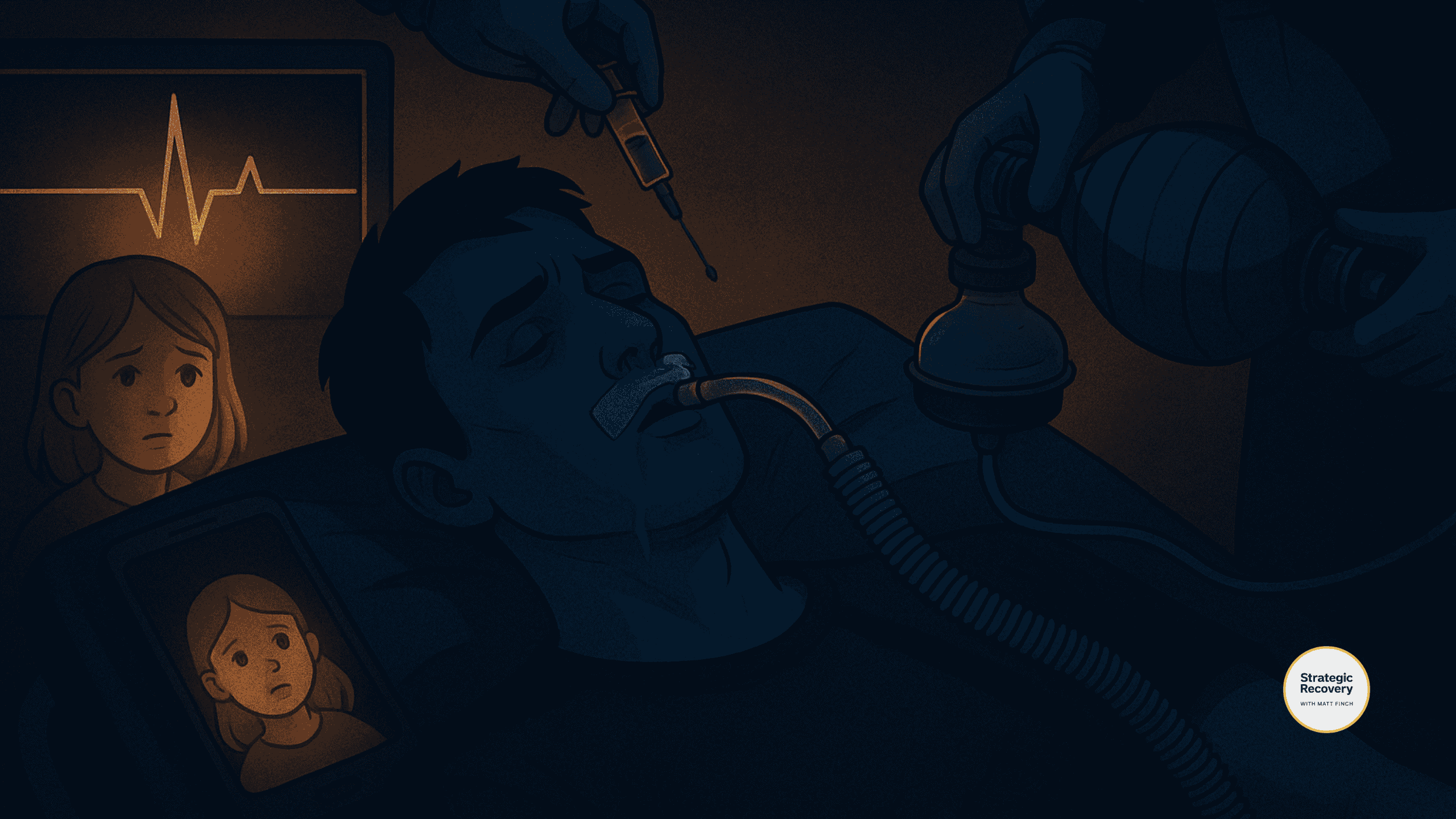 Illustration of an opioid overdose resuscitation: a man intubated and unconscious as medical staff ventilate and medicate him, with a heart monitor and a young girl symbolizing the daughter he almost left behind.