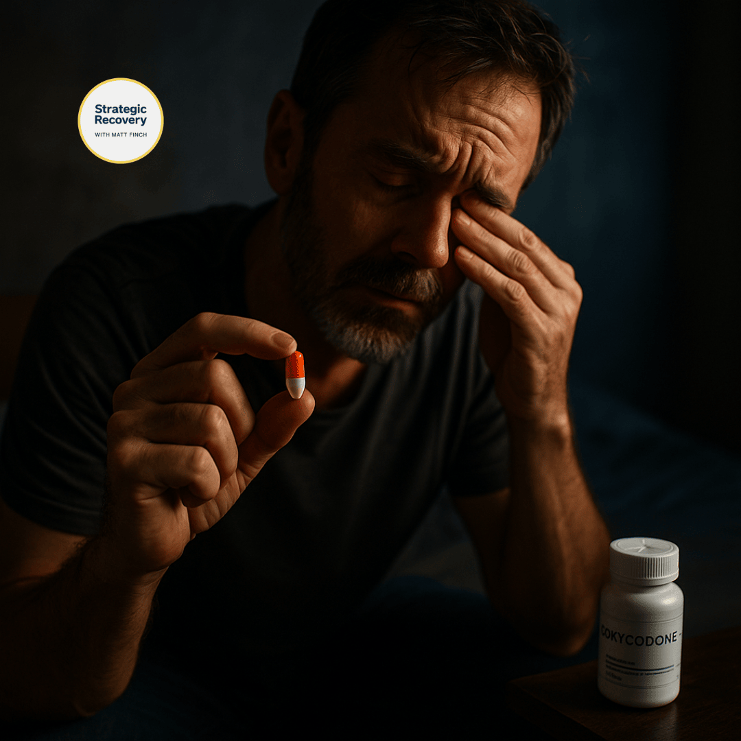 Cinematic visual of oxycodone shifting from helpful pain relief to exhausted dependency, showing a man fading into shadow with scattered pill bottles and a distant light.