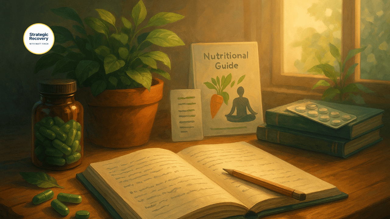 Warm cinematic desk scene with supplements, journal, tea, earbuds, and sunlight representing a personalized holistic recovery support plan.