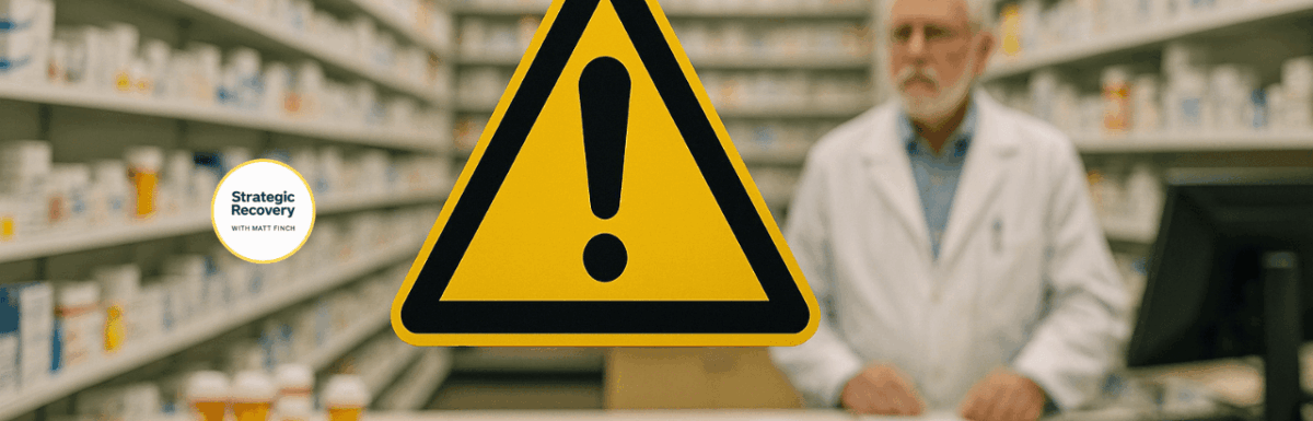 Yellow warning sign inside a pharmacy symbolizing danger, system failure, and the breakdown of medication care in the United States.