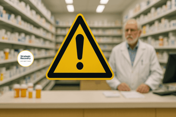 Yellow warning sign inside a pharmacy symbolizing danger, system failure, and the breakdown of medication care in the United States.