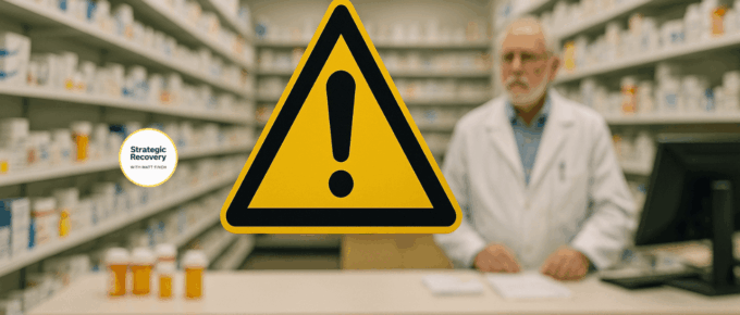Yellow warning sign inside a pharmacy symbolizing danger, system failure, and the breakdown of medication care in the United States.