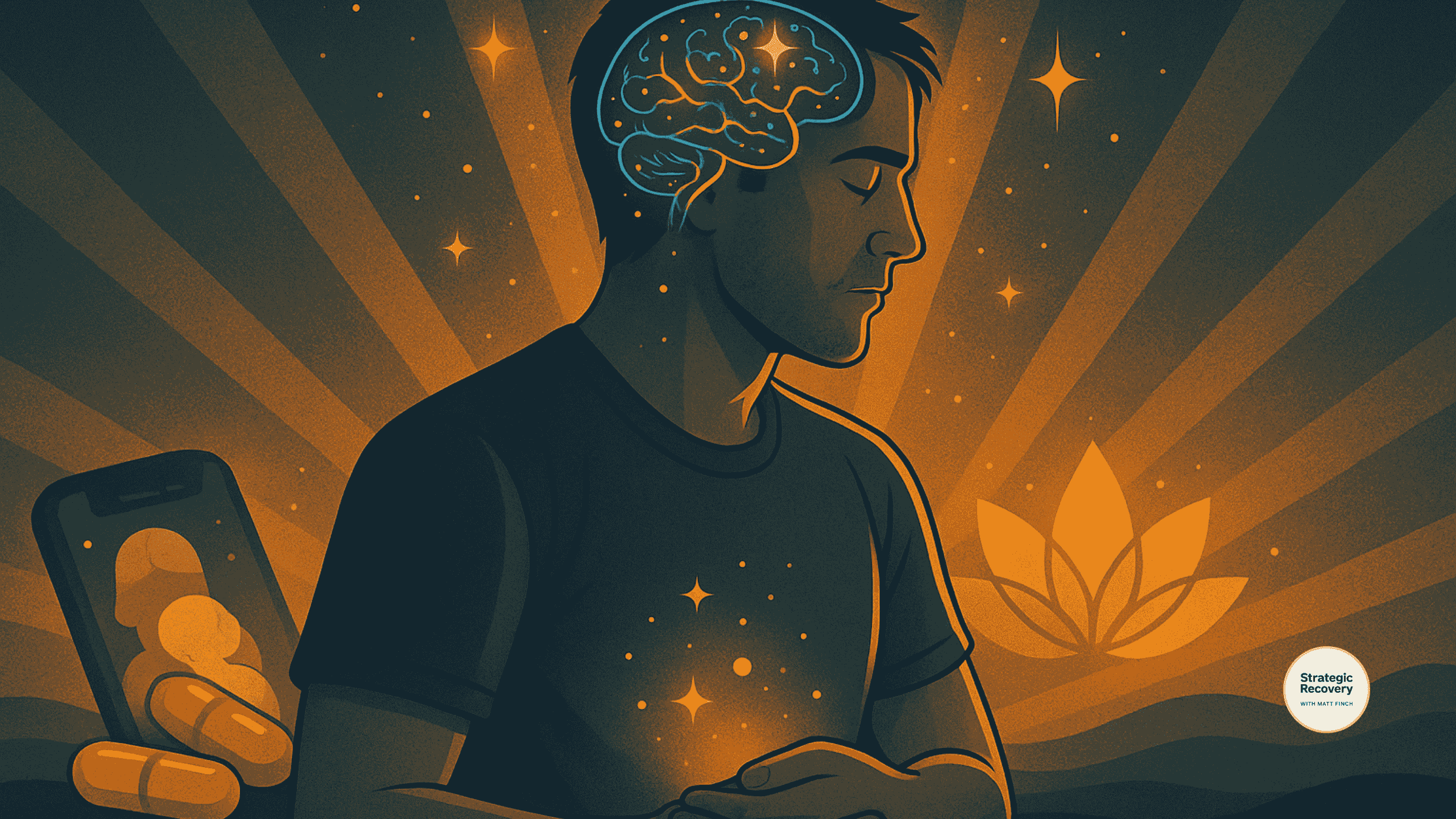 Illustration symbolizing nervous system rewiring and neurochemical healing: a man meditating with a glowing brain, lotus-like radiance, and supplements representing dopamine, serotonin, endorphins, and GABA restoration.