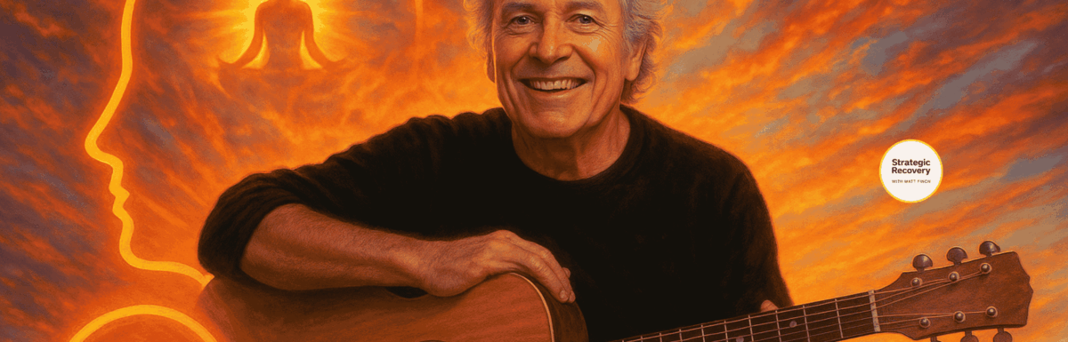 Portrait of Richie Jenkin holding a guitar with a glowing sunset and spiritual symbolism behind him, representing intuition, healing, and oxycodone recovery.