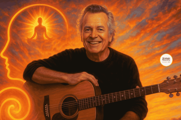 Portrait of Richie Jenkin holding a guitar with a glowing sunset and spiritual symbolism behind him, representing intuition, healing, and oxycodone recovery.