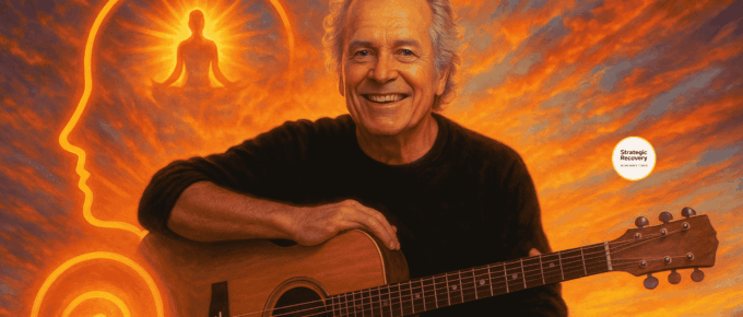 Portrait of Richie Jenkin holding a guitar with a glowing sunset and spiritual symbolism behind him, representing intuition, healing, and oxycodone recovery.