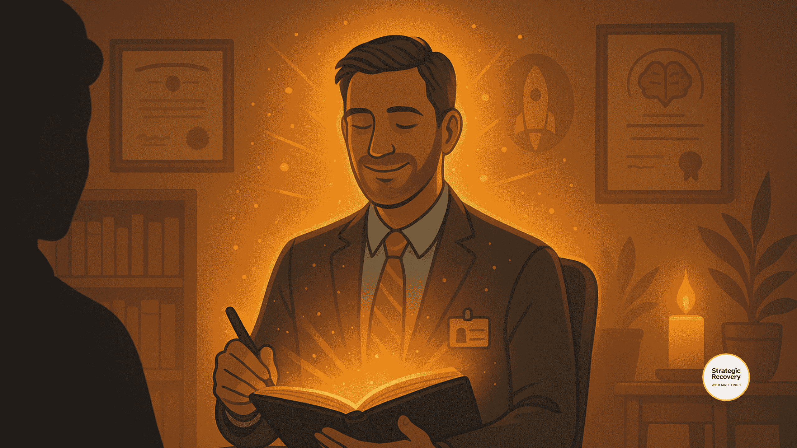Illustration symbolizing service, mastery, and ignition: a glowing counselor figure in a warm office, surrounded by symbols of growth, breakthroughs, and transformational energy.