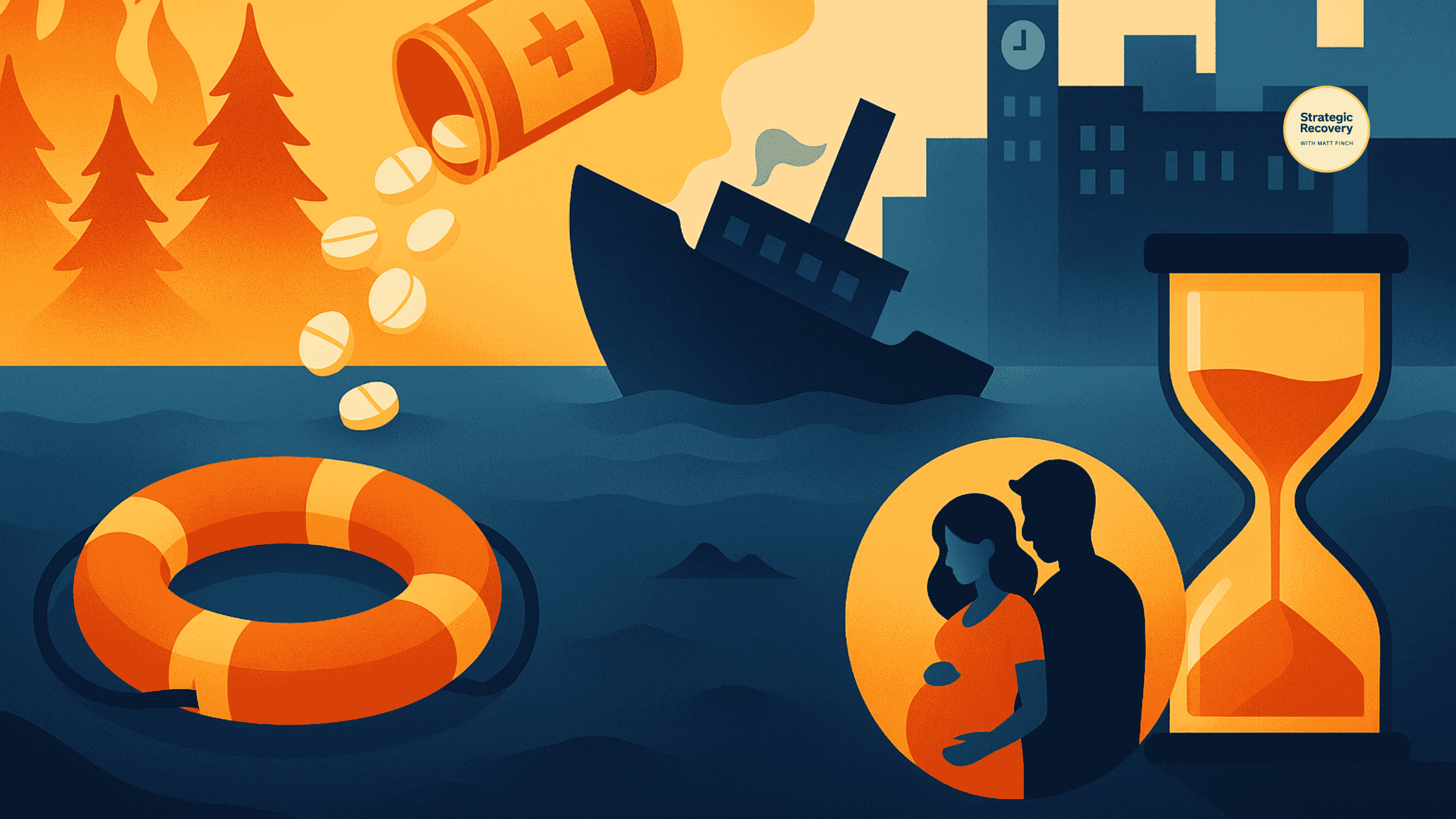 Symbolic illustration of pills, a sinking ship, wildfire, homelessness, a pregnant couple and hourglass representing unstable recovery.