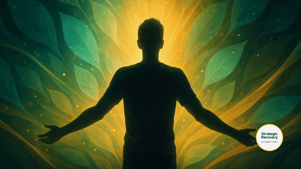 Abstract digital artwork symbolizing transformation and healing with golden and blue energy radiating from darkness.