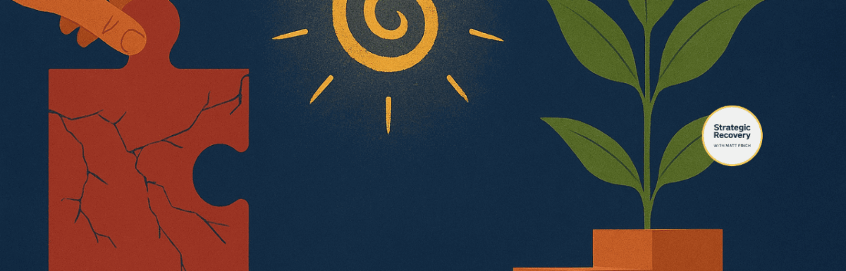 Symbolic illustration showing the breaking of outdated recovery myths: a cracked puzzle piece being removed, a golden spiral sun representing awakening, and a plant growing upward on steps symbolizing personalized healing and many paths to freedom.
