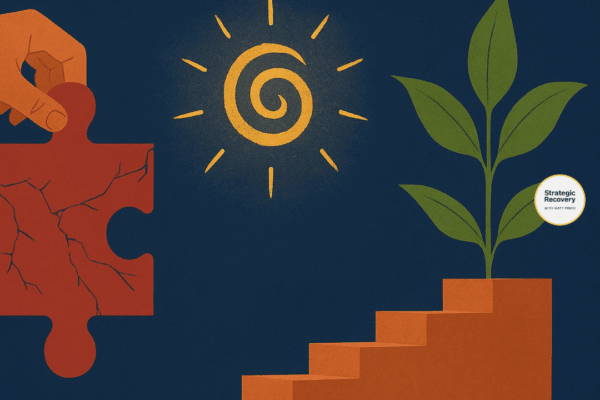 Symbolic illustration showing the breaking of outdated recovery myths: a cracked puzzle piece being removed, a golden spiral sun representing awakening, and a plant growing upward on steps symbolizing personalized healing and many paths to freedom.