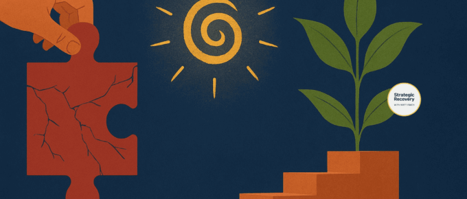 Symbolic illustration showing the breaking of outdated recovery myths: a cracked puzzle piece being removed, a golden spiral sun representing awakening, and a plant growing upward on steps symbolizing personalized healing and many paths to freedom.