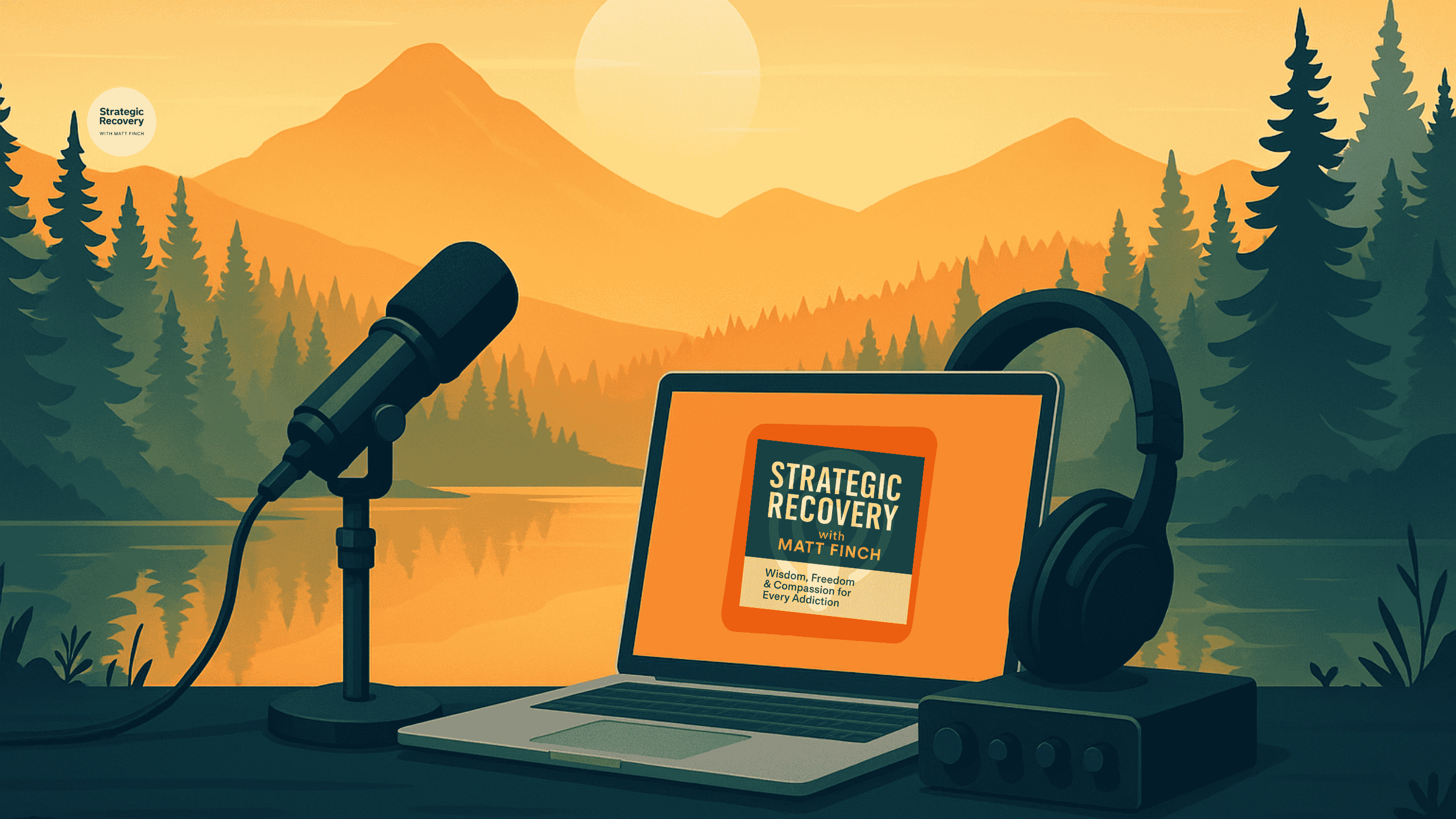 Cinematic nature-themed background for the Strategic Recovery Podcast, with tranquil landscape and subtle audio imagery symbolizing healing and transformation.