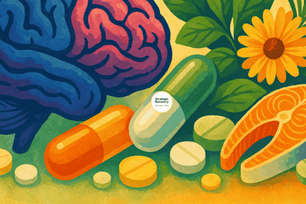 Colorful illustration of a human brain beside natural supplements, herbs, and salmon symbolizing nutrient therapy for addiction recovery and brain repair.