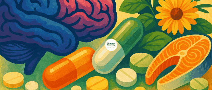 Colorful illustration of a human brain beside natural supplements, herbs, and salmon symbolizing nutrient therapy for addiction recovery and brain repair.