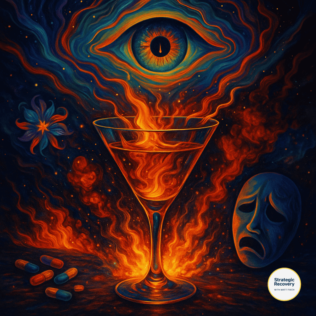 Symbolic psychedelic artwork of Whisky Finch shadow self and alcohol spiral