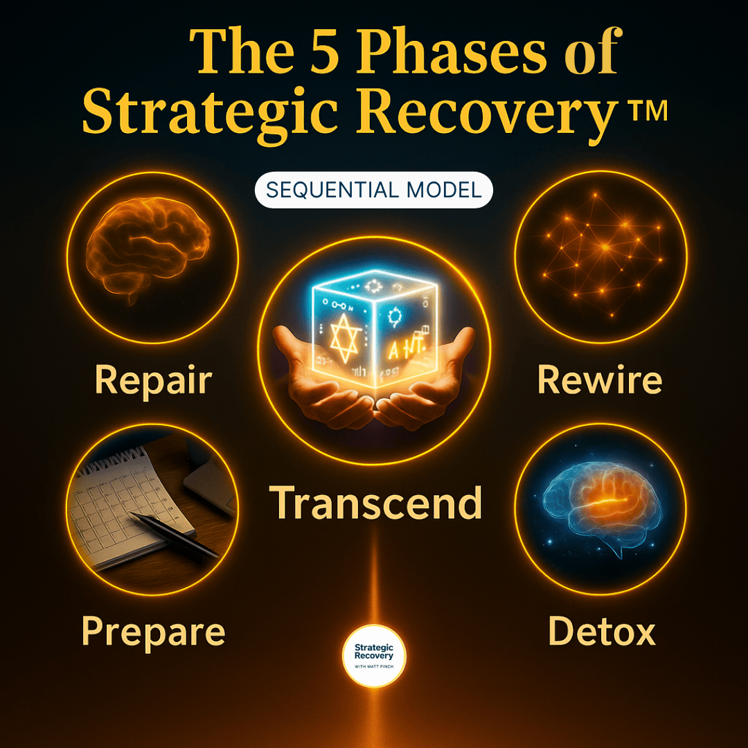 The 5 Phases of Strategic Recovery™ — Repair, Rewire, Prepare, Detox, Transcend — sequential model displayed on glowing golden circles.