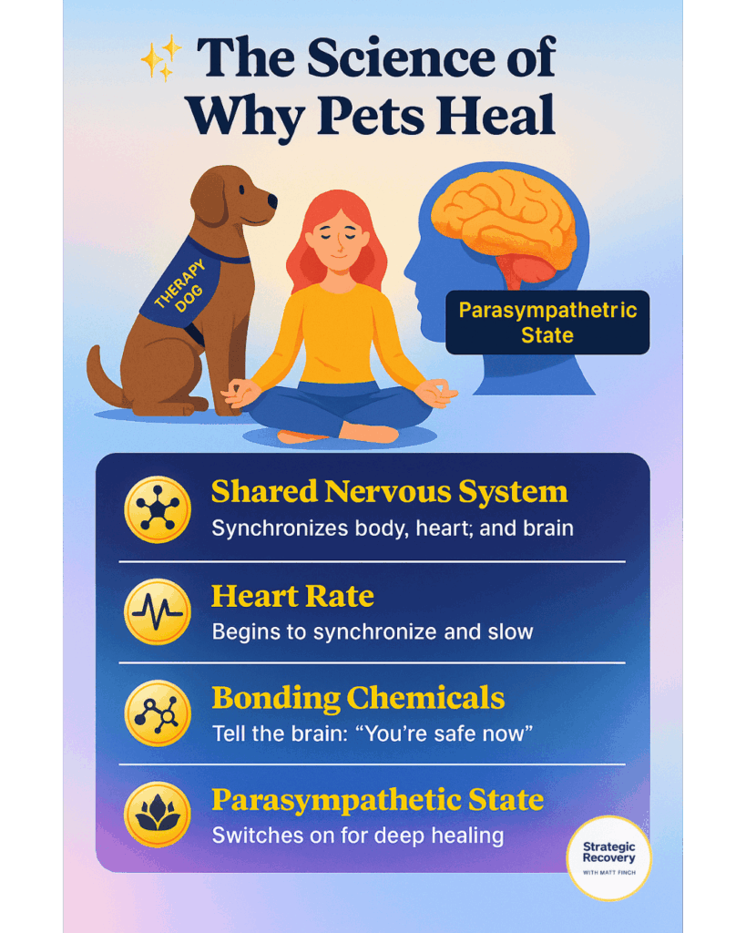 “Infographic showing how animal-assisted therapy activates the brain’s healing chemistry through oxytocin, dopamine, serotonin, and endorphins radiating from a heart of connection.”