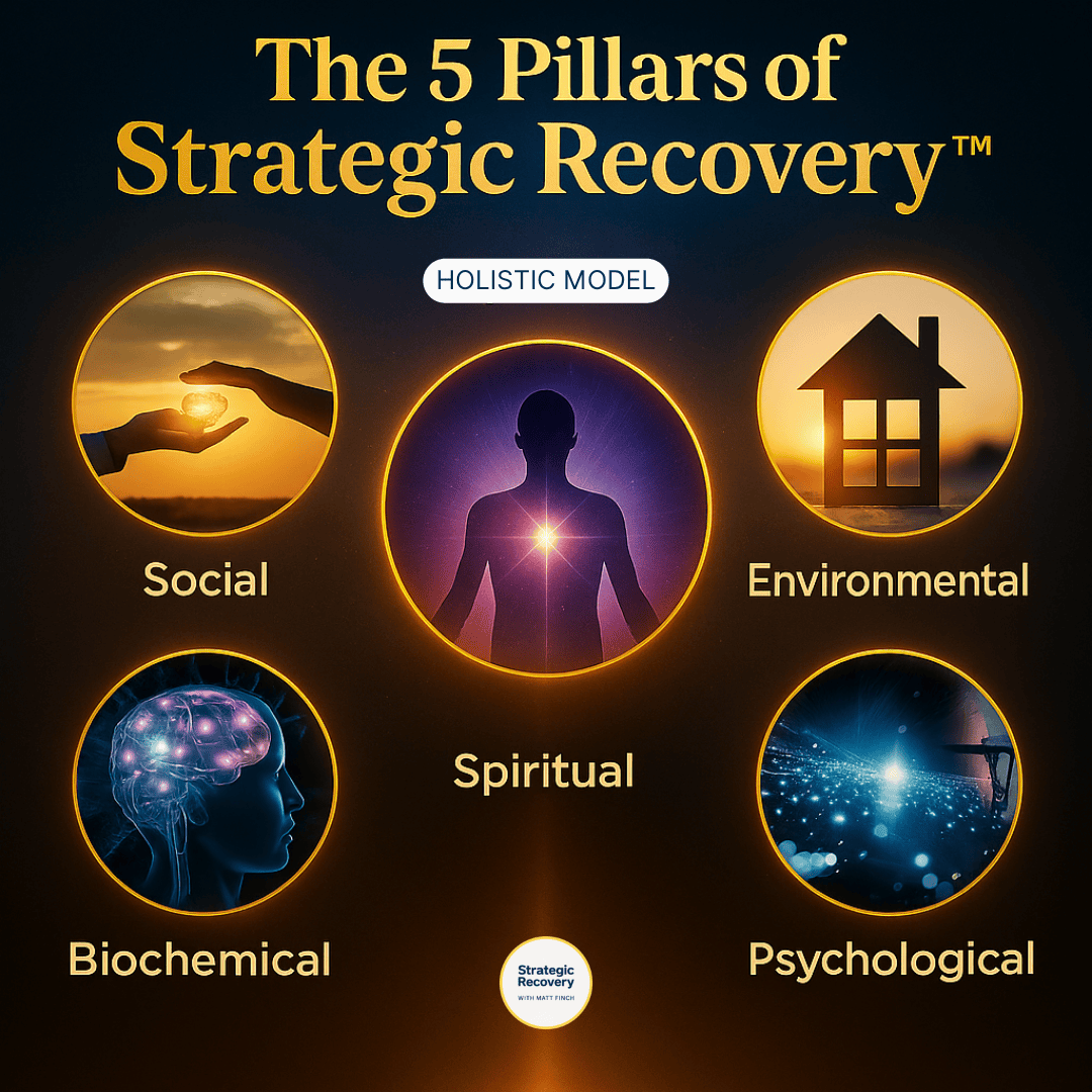The 5 Phases of Strategic Recovery™ — Repair, Rewire, Prepare, Detox, Transcend — sequential model displayed on glowing golden circles.