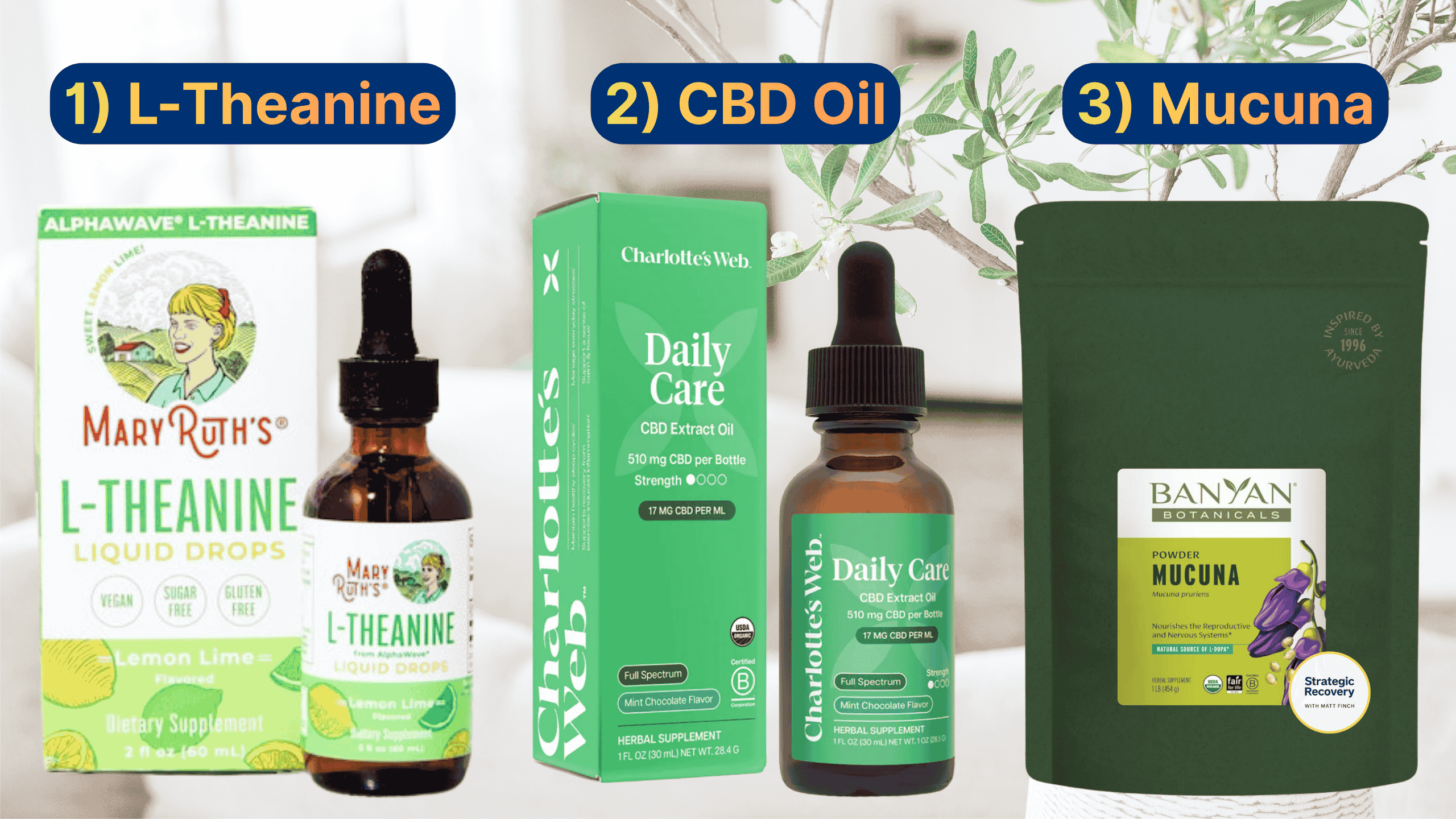 L-Theanine, CBD oil, and Mucuna synergy supplements for calm focus and dopamine balance