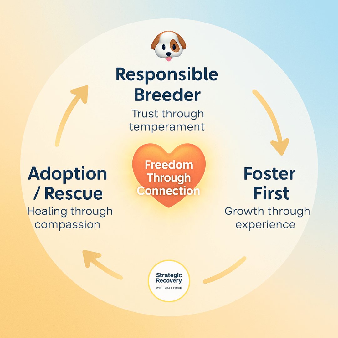 Circular infographic showing Adoption/Rescue, Responsible Breeder, and Foster First paths all flowing toward a central heart labeled Freedom Through Connection.
