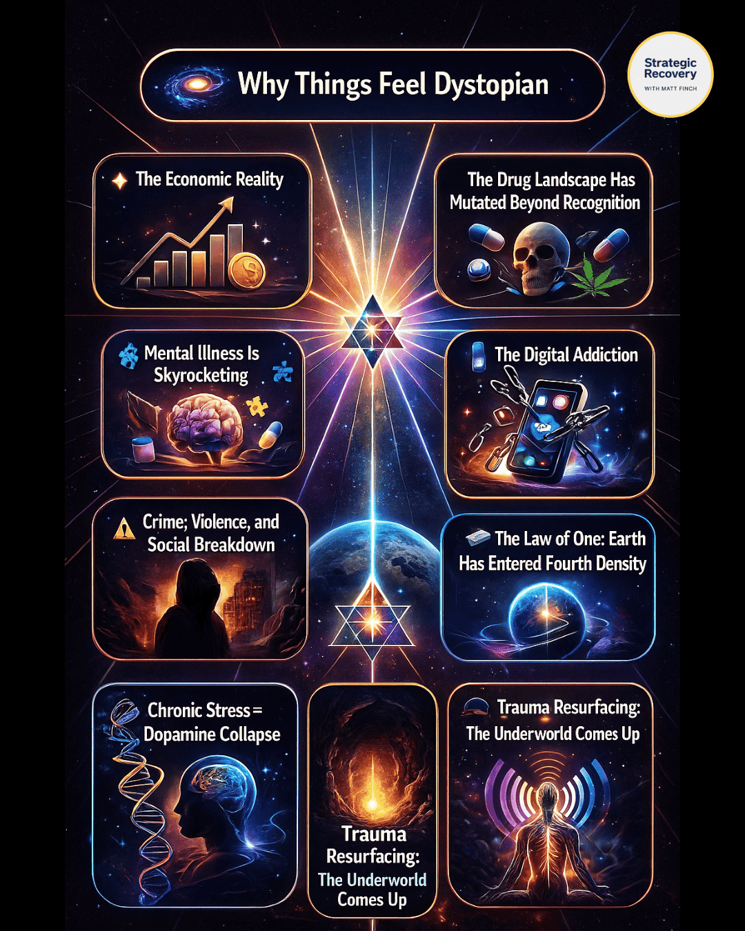 Why Things Feel Dystopian infographic showing economic instability, mutated drug supply, mental health crisis, digital addiction, crime, fourth-density transition, dopamine collapse, trauma resurfacing, and nervous-system overload.