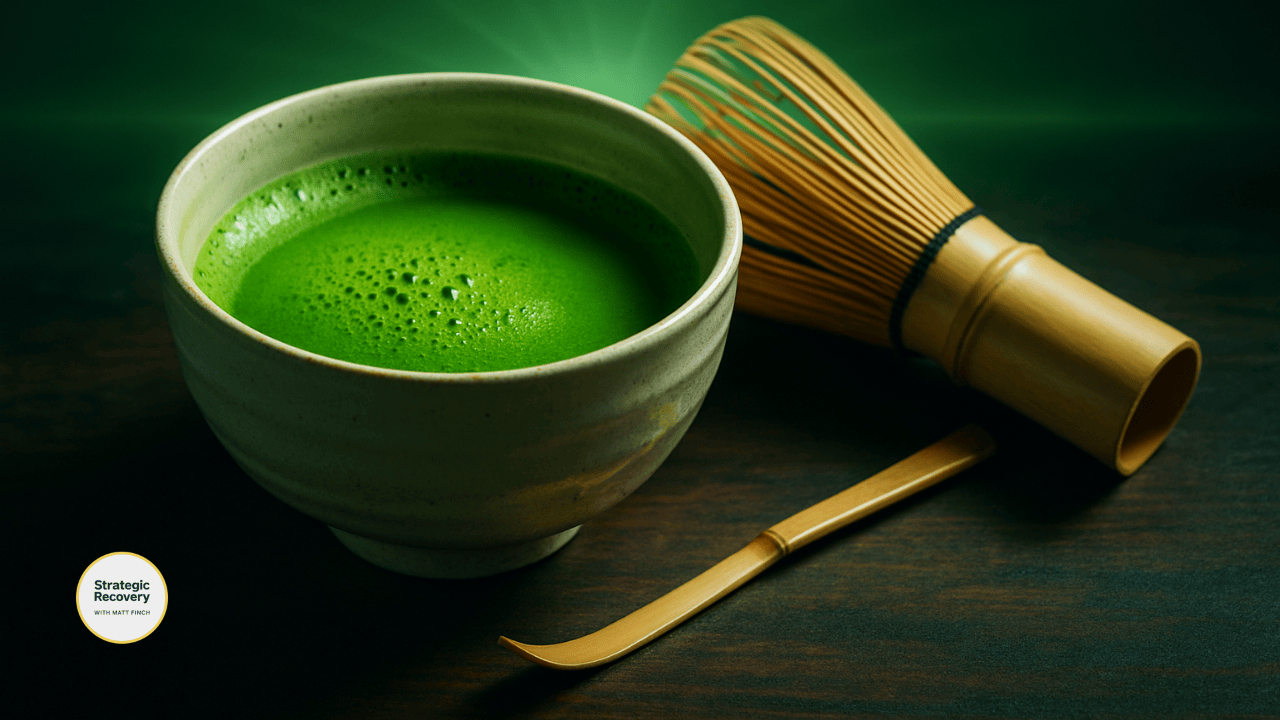 Cinematic close-up of a traditional Japanese matcha bowl with frothy electric-green ceremonial matcha, bamboo chasen whisk, and chashaku scoop, symbolizing ritual, calm focus, and healing.