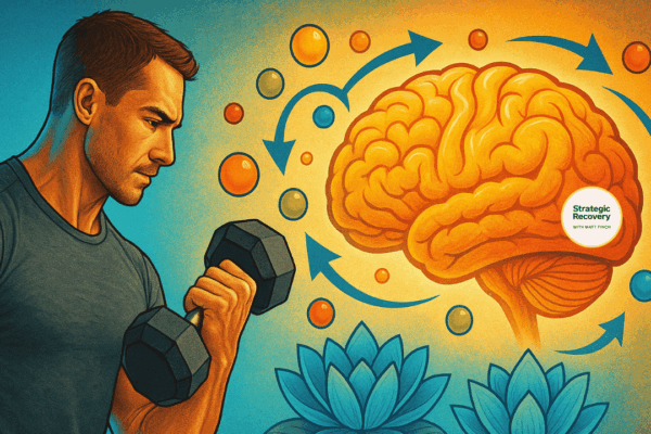 Symbolic illustration of fitness healing the brain, showing a man lifting a dumbbell beside a glowing brain with neurotransmitter symbols and lotus flowers representing mood, identity, and recovery.
