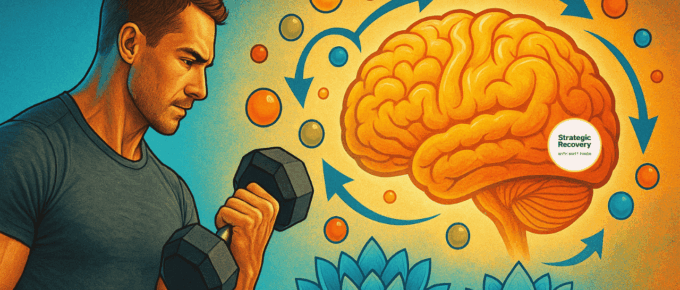 Symbolic illustration of fitness healing the brain, showing a man lifting a dumbbell beside a glowing brain with neurotransmitter symbols and lotus flowers representing mood, identity, and recovery.