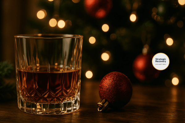 A whiskey glass beside a Christmas ornament with blurred holiday lights in the background, symbolizing alcohol temptation during the holiday season and the hidden relapse risks addressed in Strategic Recovery.