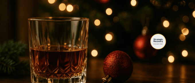 A whiskey glass beside a Christmas ornament with blurred holiday lights in the background, symbolizing alcohol temptation during the holiday season and the hidden relapse risks addressed in Strategic Recovery.
