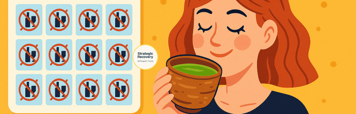 Illustration of a smiling woman drinking ceremonial matcha beside a calendar filled with crossed-out alcohol symbols, representing consistency, sobriety, and the power of matcha-assisted addiction recovery.