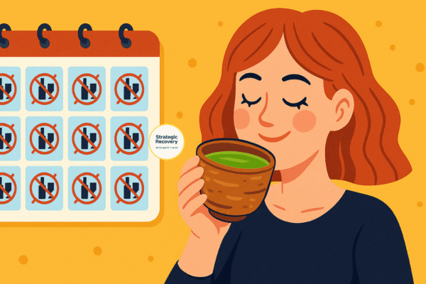 Illustration of a smiling woman drinking ceremonial matcha beside a calendar filled with crossed-out alcohol symbols, representing consistency, sobriety, and the power of matcha-assisted addiction recovery.