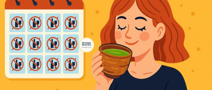 Illustration of a smiling woman drinking ceremonial matcha beside a calendar filled with crossed-out alcohol symbols, representing consistency, sobriety, and the power of matcha-assisted addiction recovery.