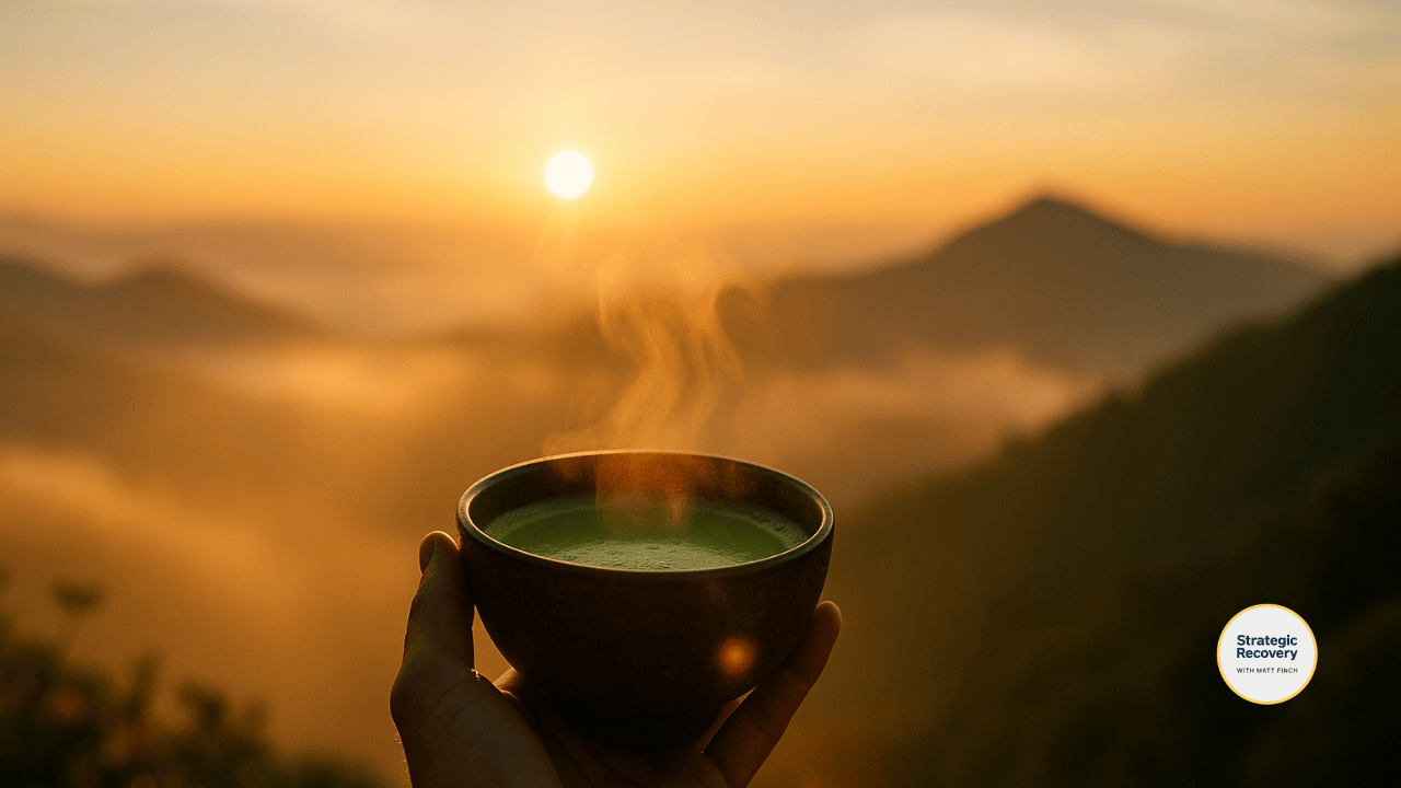A cinematic sunrise scene of a hand holding a steaming matcha bowl on a mountaintop, with golden light illuminating the misty landscape.