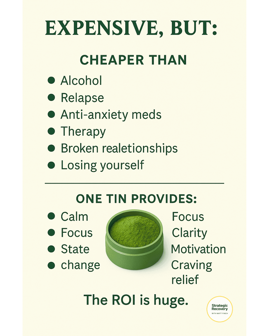 Infographic comparing the cost of ceremonial matcha to alcohol, relapse, medication, therapy, and life consequences, showing that one tin provides calm, focus, clarity, motivation, and craving relief, illustrating the high ROI of matcha in addiction recovery.