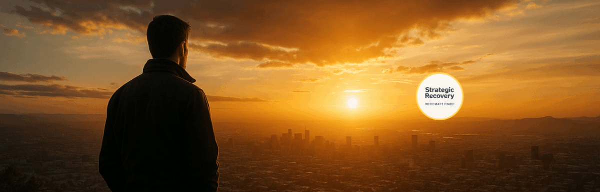 A person standing on a hillside overlooking a city at sunset, symbolizing resilience, clarity, and recovery in an unstable world.